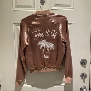 Tone It Up Bomber Jacket Size Small Rose Gold Pink Satin Embroidery TIU Palm
